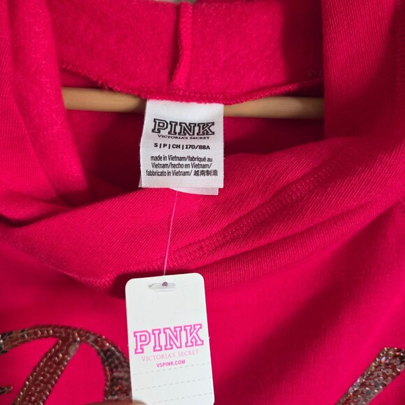PINK Victoria's Secret Gold Sequins Bling Oversized Hoodie Pullover Red Sz S NEW - Picture 2 of 9